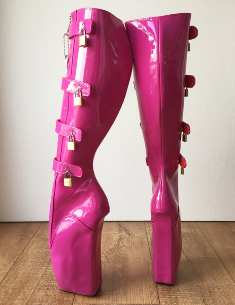 18cm 10 keys Lockable Beginner Ballet Wedge Boots Hoof Heelless Fetish Hot Pink