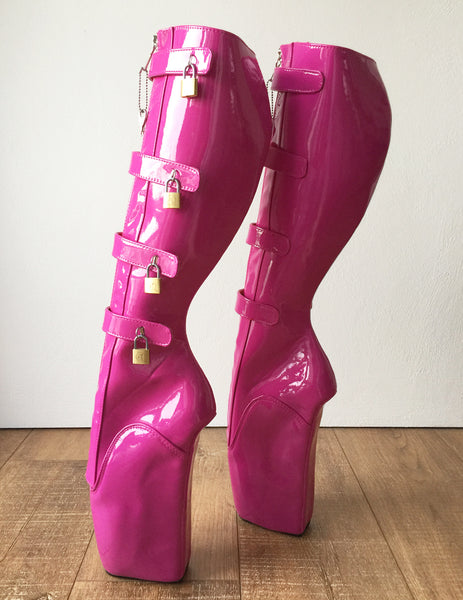 18cm 10 keys Lockable Beginner Ballet Wedge Boots Hoof Heelless Fetish Hot Pink