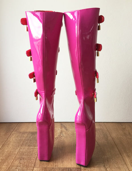 18cm 10 keys Lockable Beginner Ballet Wedge Boots Hoof Heelless Fetish Hot Pink