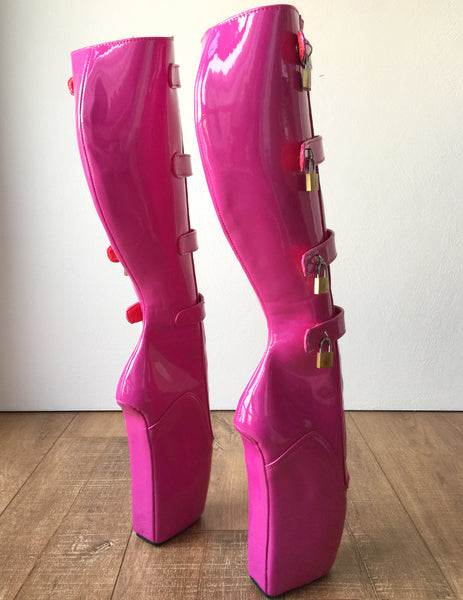18cm 10 keys Lockable Beginner Ballet Wedge Boots Hoof Heelless Fetish Hot Pink