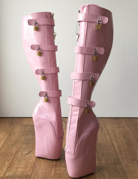 18cm 10 keys Lockable Beginner Ballet Wedge Boot Hoof Heelless Fetish Light Pink
