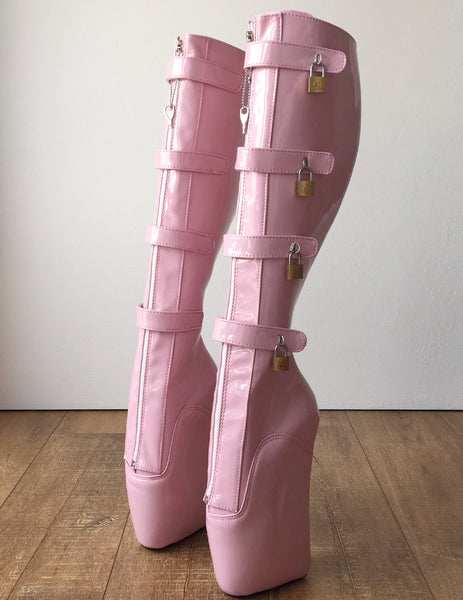 18cm 10 keys Lockable Beginner Ballet Wedge Boot Hoof Heelless Fetish Light Pink