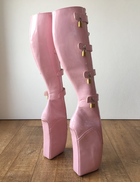 18cm 10 keys Lockable Beginner Ballet Wedge Boot Hoof Heelless Fetish Light Pink