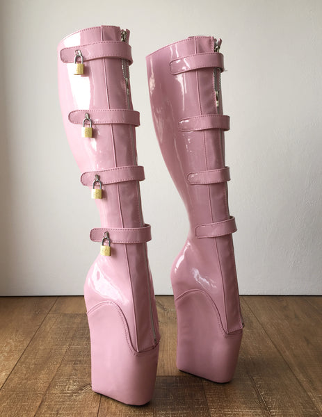 18cm 10 keys Lockable Beginner Ballet Wedge Boot Hoof Heelless Fetish Light Pink