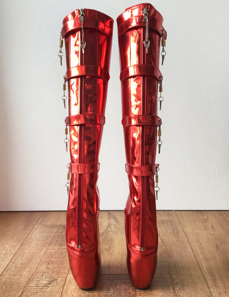 18cm 10 keys Lockable Beginner Ballet Wedge Boot Hoof Heelless Red Metallic