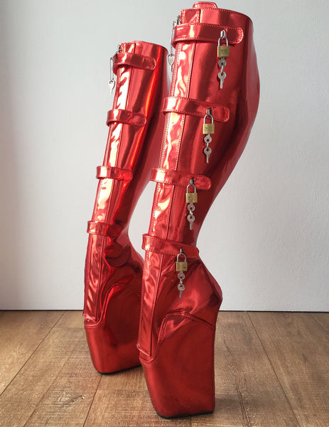 18cm 10 keys Lockable Beginner Ballet Wedge Boot Hoof Heelless Red Metallic