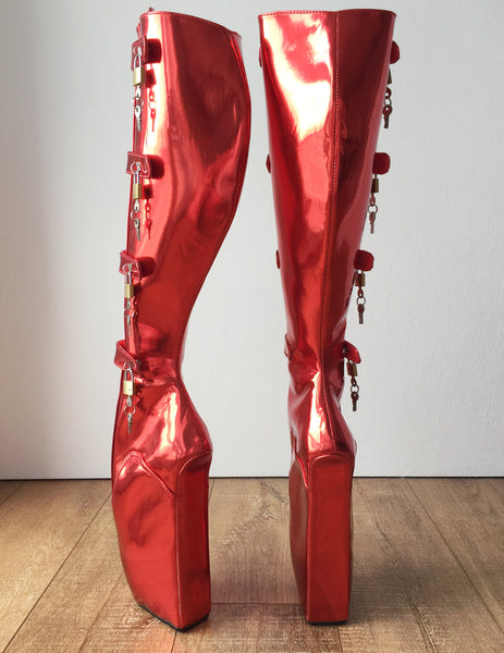 18cm 10 keys Lockable Beginner Ballet Wedge Boot Hoof Heelless Red Metallic