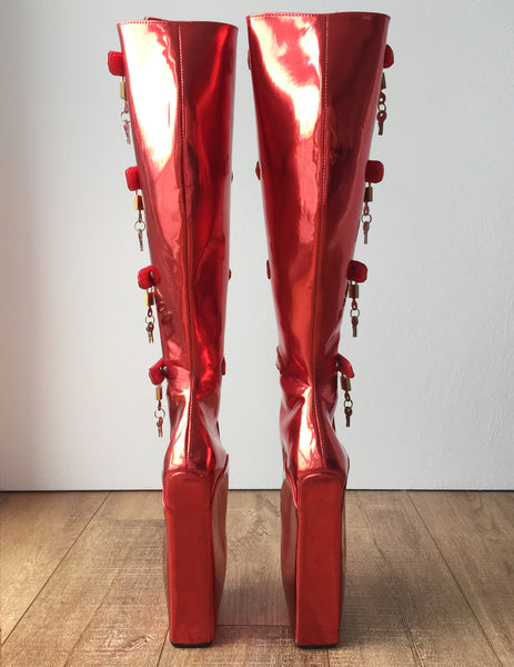 18cm 10 keys Lockable Beginner Ballet Wedge Boot Hoof Heelless Red Metallic