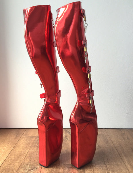 18cm 10 keys Lockable Beginner Ballet Wedge Boot Hoof Heelless Red Metallic