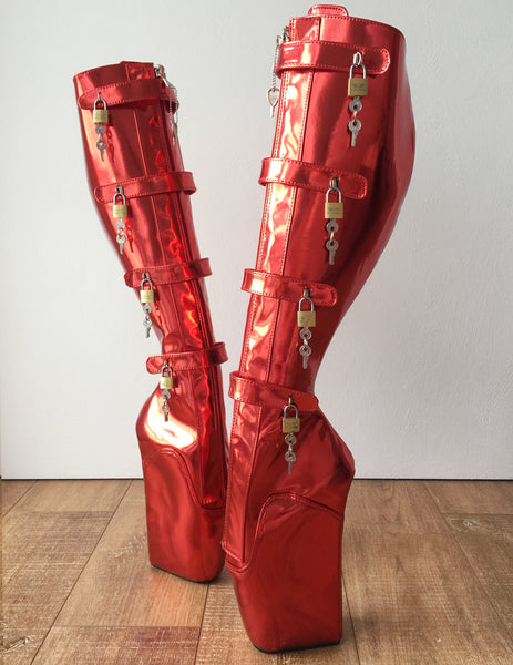 18cm 10 keys Lockable Beginner Ballet Wedge Boot Hoof Heelless Red Metallic