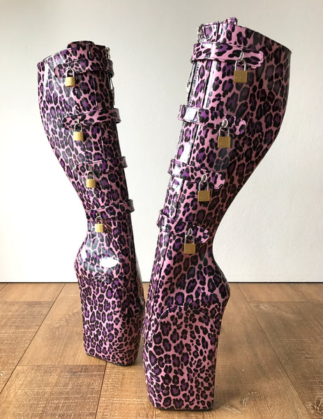 18cm 10 keys Lockable Beginner Ballet Wedge Hoof Heelless Fetish Pink Leopard