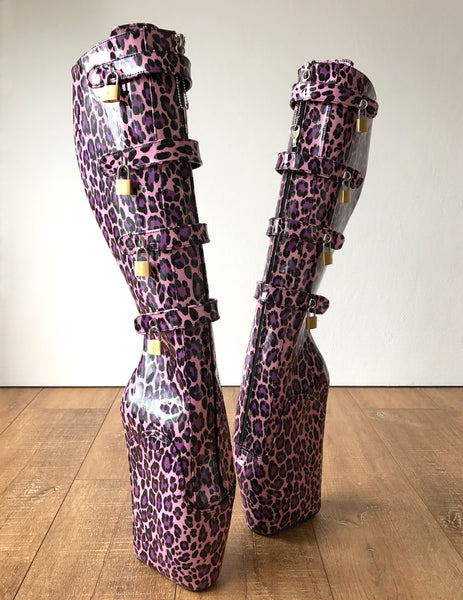 18cm 10 keys Lockable Beginner Ballet Wedge Hoof Heelless Fetish Pink Leopard