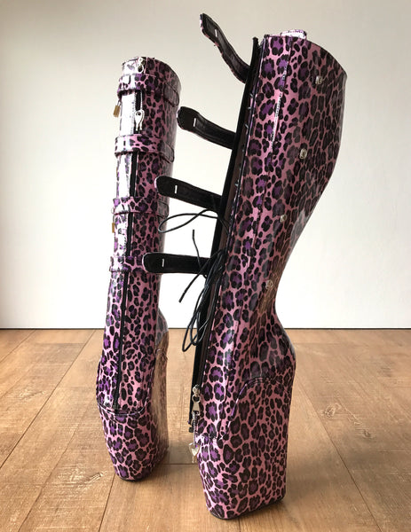 18cm 10 keys Lockable Beginner Ballet Wedge Hoof Heelless Fetish Pink Leopard