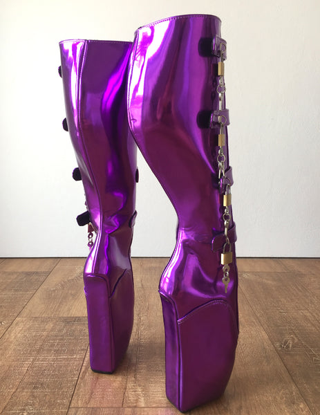 18cm 10 keys Lockable Beginner Ballet Wedge Boot Heelless Fetish Purple Metallic