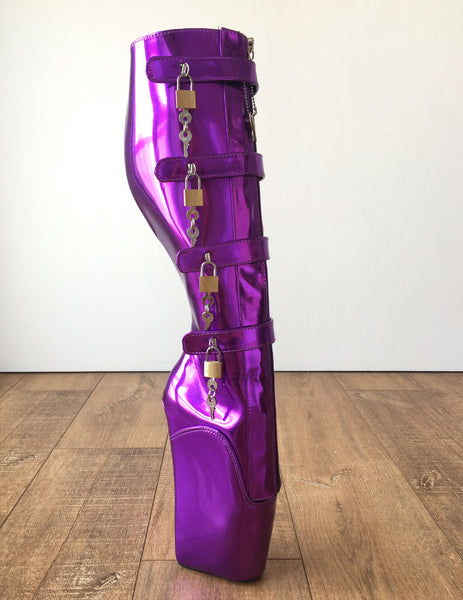18cm 10 keys Lockable Beginner Ballet Wedge Boot Heelless Fetish Purple Metallic