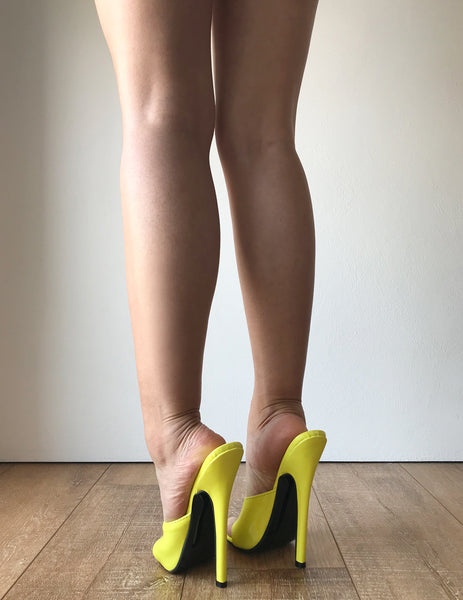 18MULE Sexy Mistress Hi Heel Stiletto Fetish Slipper Slides Mule Lemon Patent