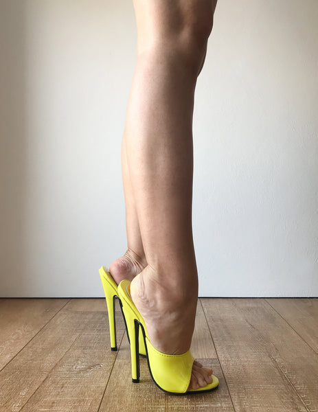 18MULE Sexy Mistress Hi Heel Stiletto Fetish Slipper Slides Mule Lemon Patent