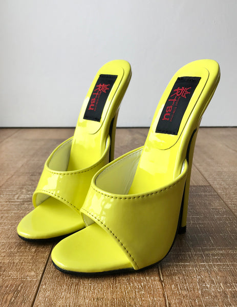 18MULE Sexy Mistress Hi Heel Stiletto Fetish Slipper Slides Mule Lemon Patent