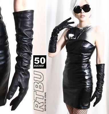 50cm Elbow Genuine Leather Runway Fashion Pinup Skinny Gathered Winter Gloves