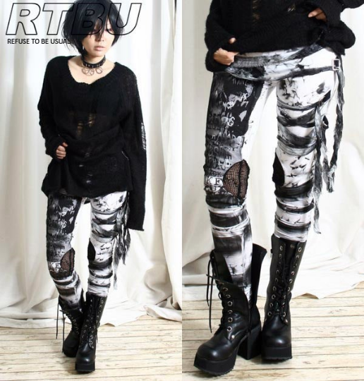 Unisex Ultra Long Gathered Punk Gothic Rocker Distressed Tie Dye Legging/Pants