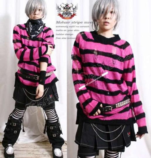 Punk Ladder Sweater Acrylic Mohair Knit Pullover HOT PINK NEON Stripe 6 Stripes
