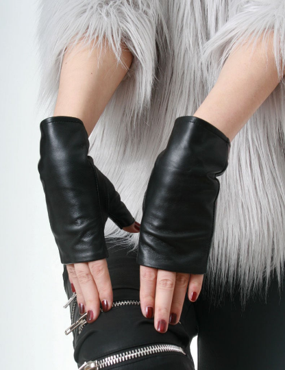 Genuine Leather Lambskin Punk Fingerless Motorcycle Biker Riding Glove Warmer