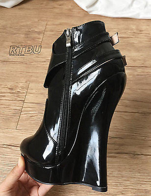 18cm Heeless Hoof Sole Gothic Patent Fetish Platform Buckle Strap Ankle Bootie