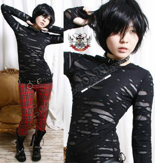 RTBU Gothic Punk Rocker Distressed Broken Mummy Corroded Raggedy Sheer Thumb Hole Mitten Shirt Top Unisex