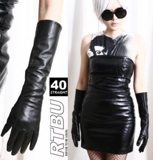 40cm Below Elbow Genuine Leather Runway Fashion Eveining Formal Coat Gloves