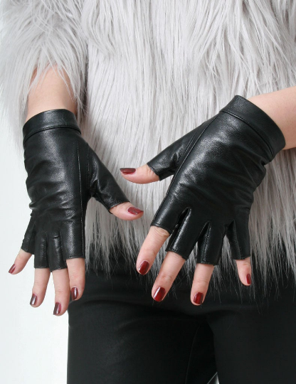 Genuine Leather Lambskin Sheepskin Punk Rocker Biker Dancer Half Fingers Wrist Snap Button Glove