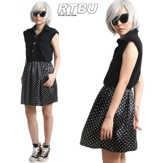 RTBU Cutie Punk Sweat Shirt Polka Dot Satin Button Sleeveless One Piece Dress