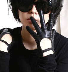 Genuine Leather Fashion Runway Punk Rock Keyhole Lady Slim Gloves Wrist Elastic