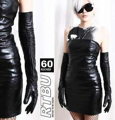 60cm Upper Arm Genuine Leather Runway Fashion Pinup Gathered Mourn Opera Glove