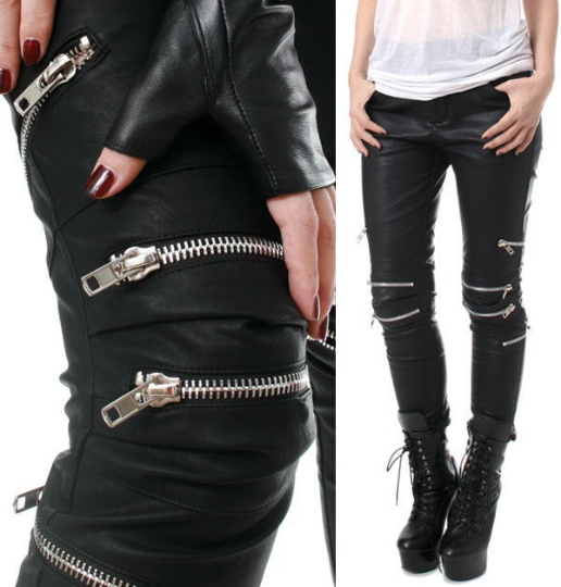 Punk Rock Vegan Armor Biker 8 Metal Zipper Faux Leather Pants Men Women
