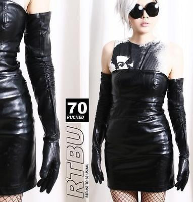 70cm Full Sleeve Under Arm Genuine Leather Runway Pinup Girl Gothic Coat Glove