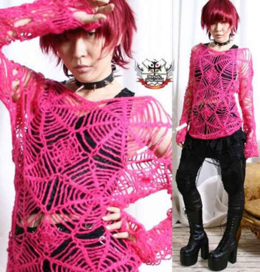 Refuse to be Usual Cyber Rave Fussy Acrylic Mohair Punk Cobweb Crochet Knit Sweater Hot Pink