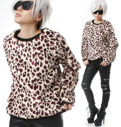 RTBU Glam Punk Rock Slouchy Boyfriend Leopard Faux Fur Furry Jumper Sweatshirt