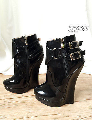 18cm Heeless Hoof Sole Gothic Patent Fetish Platform Buckle Strap Ankle Bootie