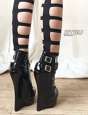 18cm Heeless Hoof Sole Gothic Patent Fetish Platform Buckle Strap Ankle Bootie