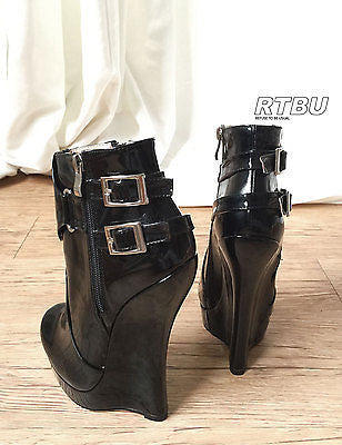 18cm Heeless Hoof Sole Gothic Patent Fetish Platform Buckle Strap Ankle Bootie