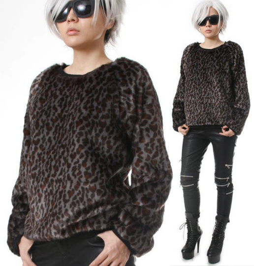 RTBU Punk Rock Gray Leopard Vegan Faux Mink Fur Coat Furry Pullover Sweatshirt