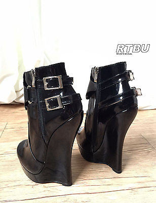 18cm Heeless Hoof Sole Gothic Patent Fetish Platform Buckle Strap Ankle Bootie