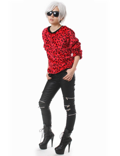 RTBU Punk Rock Red Leopard Anima Vegan Faux Fur Velvet Furry  Pullover Sweatshirt