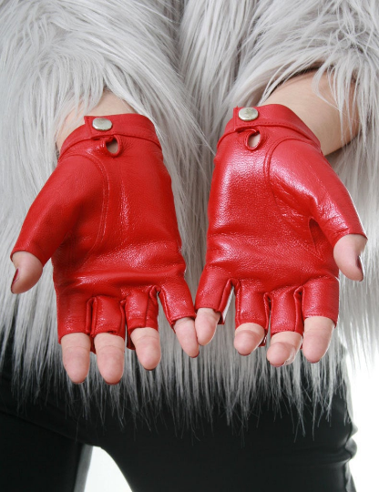 Genuine Leather Lambskin Sheepskin Punk Rocker Biker Dancer Half Finger Snap Button Red