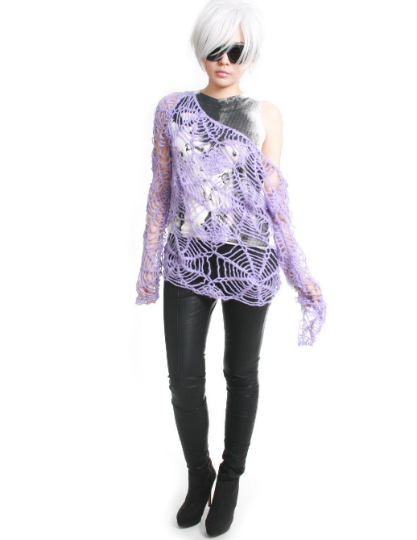 RTBU Gothic Kawaii Cutie Punk Cobweb Spider Web Net Acrylic Mohair Knitted Crochet Sweater Slouchy Off Shoulder Pastel Purple