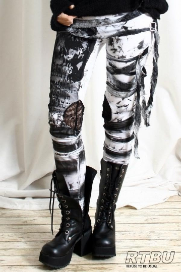 Unisex Ultra Long Gathered Punk Gothic Rocker Distressed Tie Dye Legging/Pants
