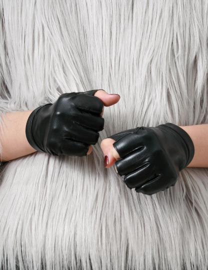 Genuine Leather Lambskin Sheepskin Punk Rocker Biker Dancer Half Fingers Wrist Snap Button Glove