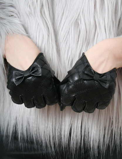 Genuine Lamb Quilted Leather Formal Bow Tie Knot Party Lady Glove (Scoop or Full Wrist)
