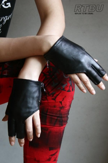 Genuine Leather Lambskin Sheepskin Punk Rocker Biker Dancer Fingerless Zip Glove (for 18cm palm)