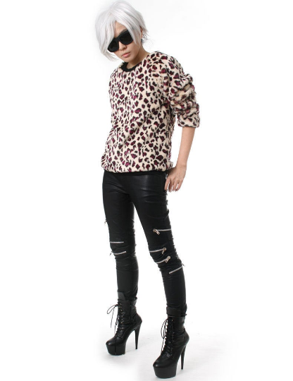 RTBU Glam Punk Rock Slouchy Boyfriend Leopard Faux Fur Furry Jumper Sweatshirt